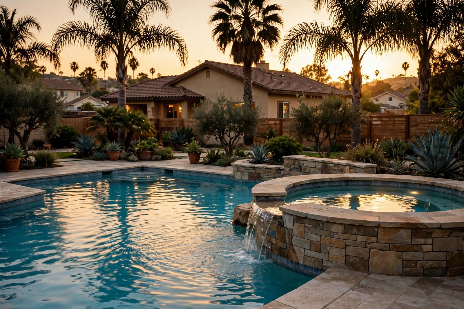Backyard pool and raised spa at golden hour