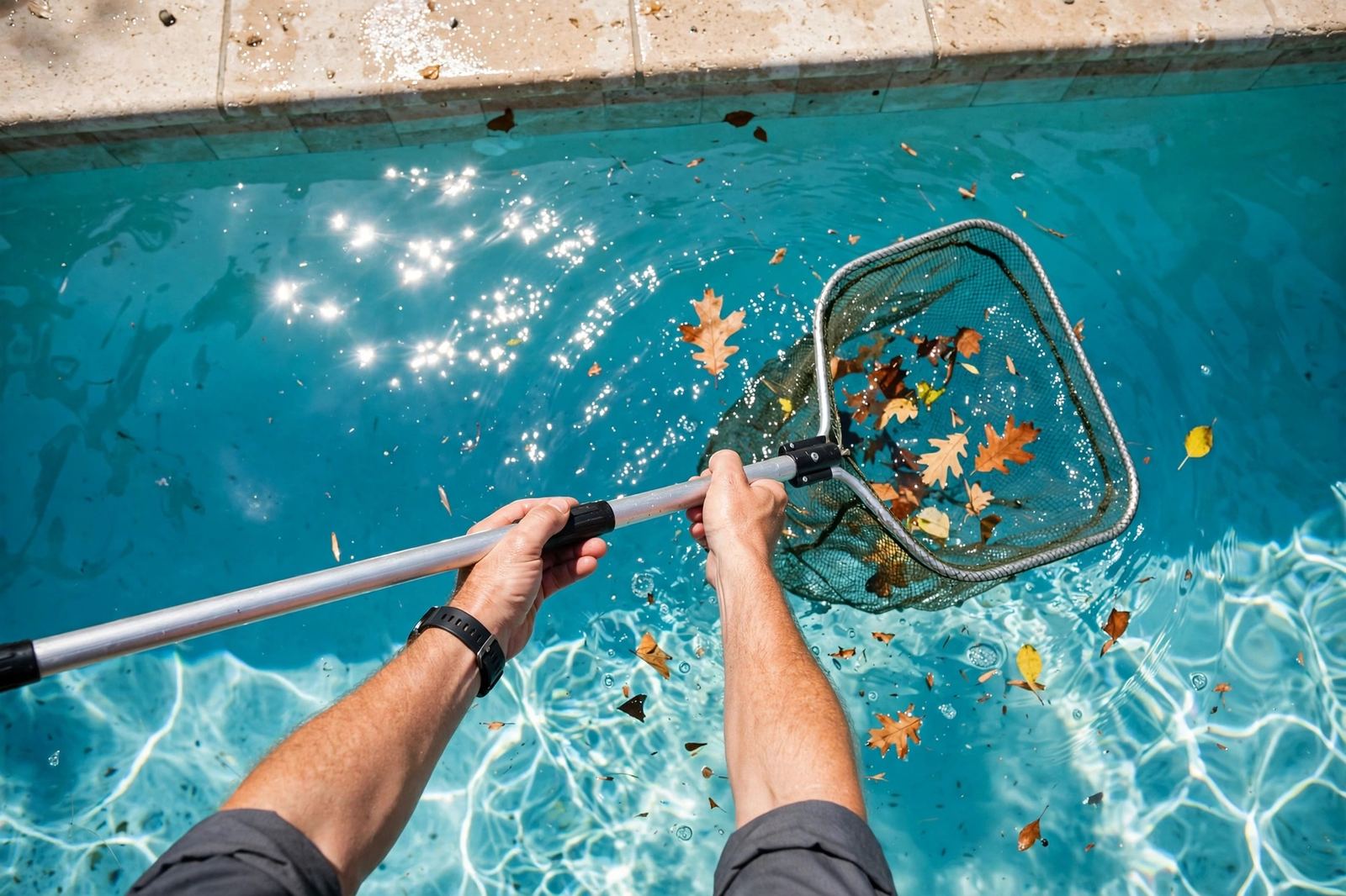 Skimmer net clearing the surface of a sparkling pool